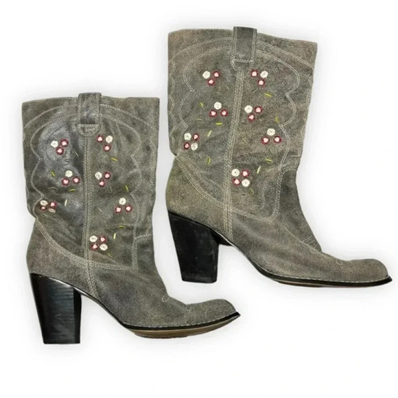 Seychelles Grey Embroidered Cowboy Heeled Ankle Boots - Picture 1 of 6